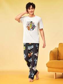 Notgurli TOM & JERRY X SHEIN Men's Cartoon Print Short Sleeve Top And Long Pants Casual Daily Homewear Set - Multicolor - View 3