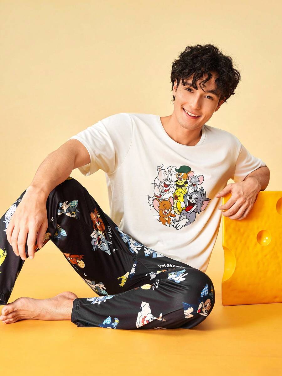 Notgurli TOM & JERRY X SHEIN Men's Cartoon Print Short Sleeve Top And Long Pants Casual Daily Homewear Set - Multicolor - View 1