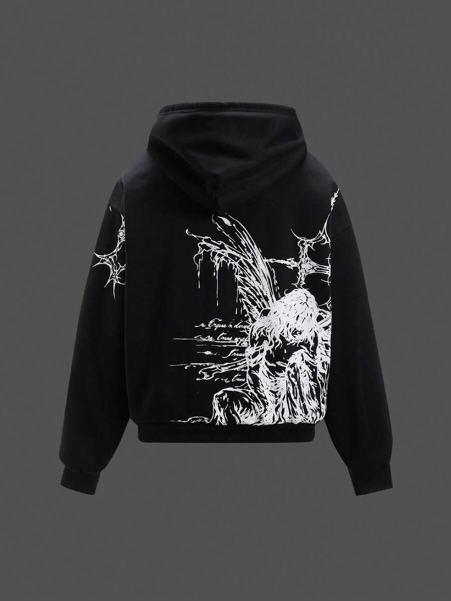 ROMWE MEN Street Life Áo hoodie nam in họa tiết chữ thập - áo nỉ có mũ phong cách đường phố thường ngày, thu/đông - màu đen - Xem 1
