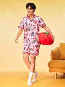 Notgurli Men's Cream Banana Skateboard Print Collared Single-Breasted Loungewear Set, Playful Casual Summer Home 2 Pcs Outfits - Multicolor - View 5