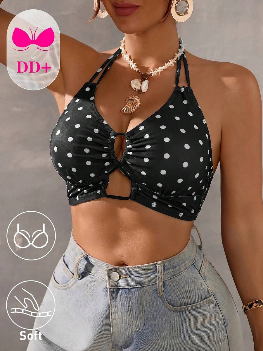 SHEIN Swim 女款波點印花露背掛脖式比基尼上衣 - 黑色 - 查看 1