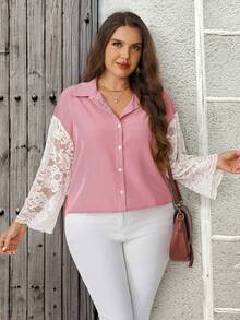 EMERY ROSE Plus Size French Fashion Red And White Lace Patchwork Single-Breasted Shirt Teachers' Day Office Brunch Formal Elegant Summer Fall Autumn - Pink - View 3