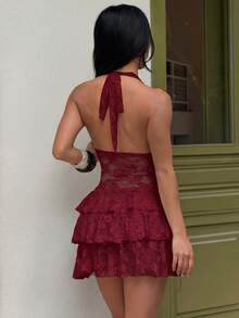 FavEase Vestido sexy de mujer con escote profundo en V, cuello halter, encaje y bajo con volantes - Rojo - Ver 2