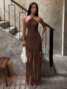 SHEIN BAE European And American Style Sexy Halter Neck Elastic Knit Tassel Fitted Slimming Backless Dress - Coffee Brown - View 4
