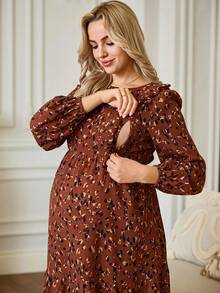 Slowluna Maternity Casual All-Over Print Ruffle Hem Nursing Dress Fall - Red - View 3