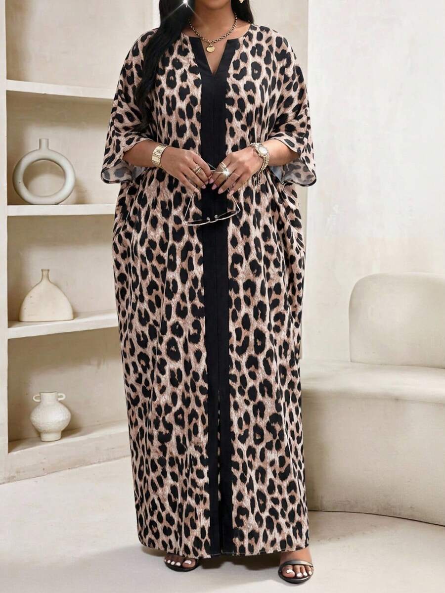 SHEIN Lady Beige Leopard Print V Neck Kaftan Maxi Dress Summer Loose Fit Casual Boho Elegant Long Dress Vacation Evening Gym - Brown - View 1