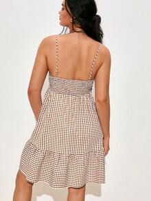 Nubod Nuovo abito estivo a trapezio con spalline sottili a quadri, elegante e alla moda per donna - Castano - Visualizzare 3