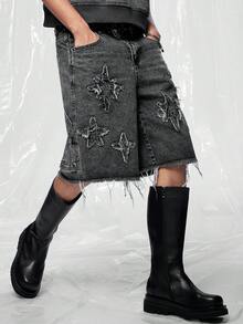 IRON GLYPH American Street Style Patchwork Embroidered Frayed Denim Shorts - Black - View 6