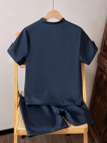 Casuvi Kids Boys New Korean Style Stand Collar Short Sleeve Shirt With Chest Patch Design And Shorts Casual 2 Pieces Set For Daily Wear - Navy Blue - View 2