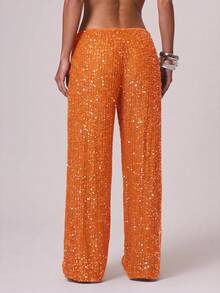 Musera Resort Women Cover Ups Ibiza Boho Vacation Holiday Beach Elegant Summer Sequin Wide Leg Crochet Trouser Spring Carvinal Beachwear Festival - Orange - View 4