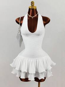 Mistrie Women's Sexy Summer Halter Neck Backless Dress With Ruffle Hem Party Club White - White - View 5