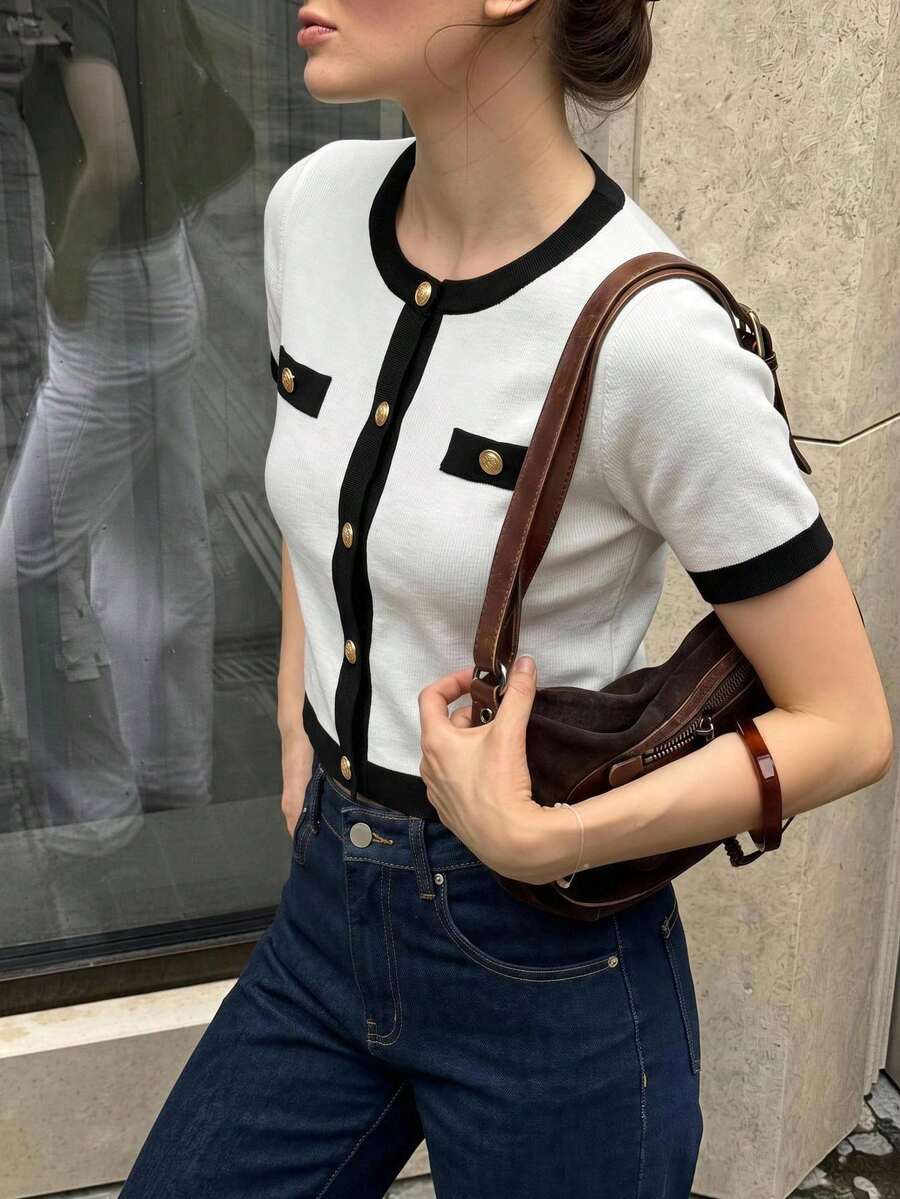 BizChic 對比飾邊短袖開襟衫,適合商務、正式場合、度假、休閒通勤、約會、日常辦公、秋季萬聖節返校季、教堂、特殊場合、生日、婚禮賓客派對,法式優雅秋冬款 - 彩色 - 查看 1