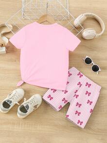 Summer Outfit Spring Summer Autumn Young Girls Casual Fashion Creative Personalized Fresh Minimalist Glitter Bow Pattern Print Summer Casual Vacation Style Basic Short T-Shirt And Cycling Pants Set Sets - Multicolor - View 3
