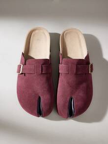 Solecia Women's Split Toe Buckle Suede-Look Clogs Elegant Burgundy Casual & Daily Slides - Jujube - View 2