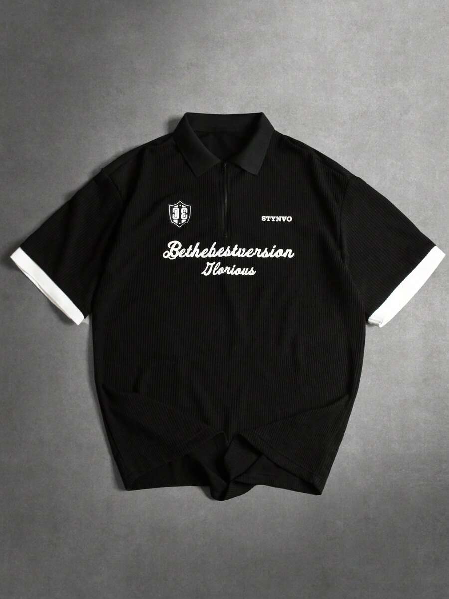 STYNVO 男士字母印花短袖休閒 Polo 衫 - 黑色 - 查看 1