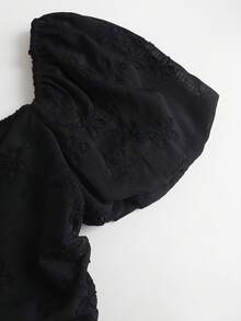 Sweetra 法式甜美清新粉色刺繡抓皺A字版泡泡短袖女款春夏襯衫 - 黑色 - 查看 5