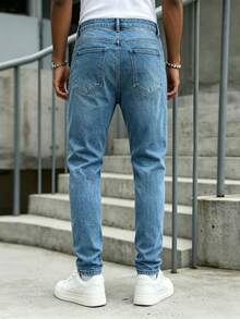 Manfinity Roughcore Aqua Blue Stretch Washed Denim Jeans With Distressed Design Slim Fit Skinny Leg Holiday Summer Streetwear - Blue - View 2