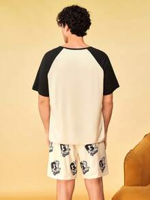 Notgurli GARFIELD | SHEIN Men's Colorblock Patchwork Cartoon Print Short Sleeve Top And Shorts Loungewear Set - Multicolor - View 2