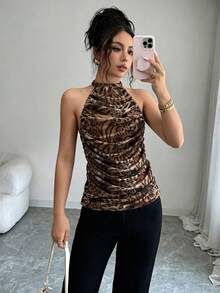 Rafferiza Ruched Halter Neck Leopard Print Sleeveless Fitted Tank Top - Yellow - View 1