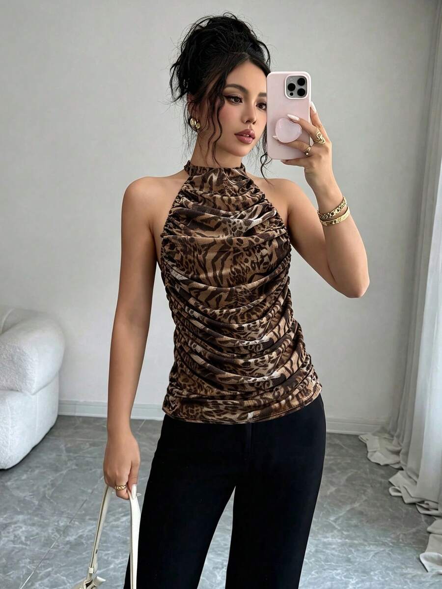Rafferiza Ruched Halter Neck Leopard Print Sleeveless Fitted Tank Top - Yellow - View 1