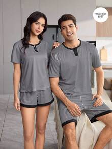CoupledUp Men's Striped Print Colorblock Patchwork Short Sleeve & Shorts Pajama Set - Black and White - View 4