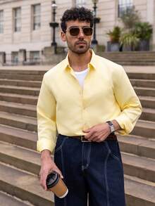 YOUESAWY YOUESAWY Men's Long Sleeve Formal Business Commuting Shirt Yellow Fabric Button Front Regular Fit - Yellow - View 6