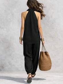 Breezaya Casual Vacation Fashion Minimalist Women's Set Draped Neck Draped Neck Fitted Comfortable Soft Black Top With Elastic Waist Harem Black Long Pants Set Summer, Autumn And Winter For Women Women's Elegant Set Women's Casual Set Women's Vacation Outfit Set Women's Country Style Set Women's Outing Set Black Set - Black - View 3