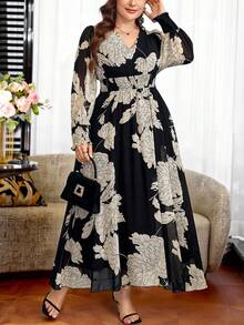 Reflora Plus Size Elegant Floral Print Dress - Black and White - View 6
