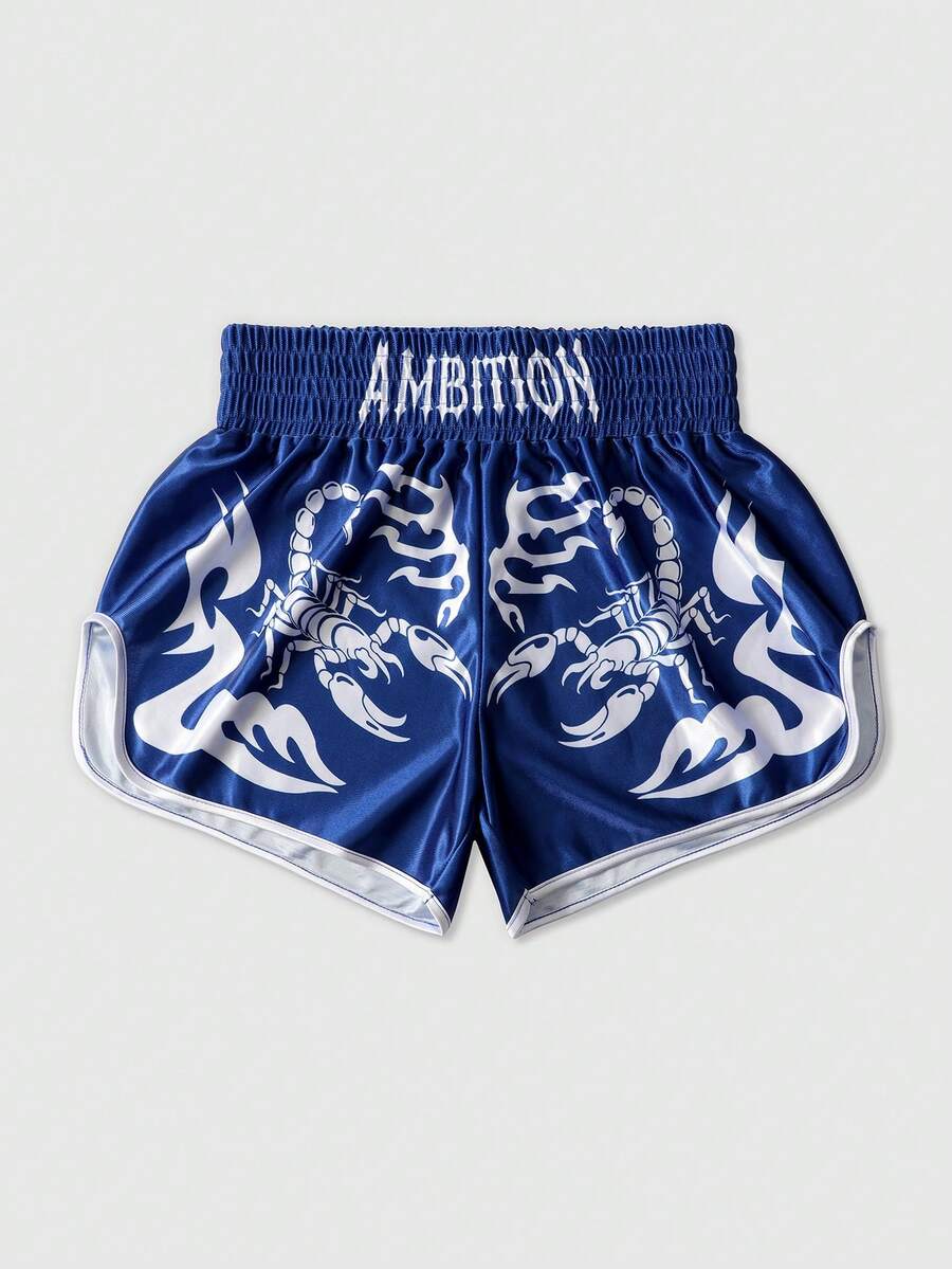 ROMWE Y2K Short de boxe de sport pour femme à taille élastique avec imprimé scorpion - Bleu azur - Voir 1