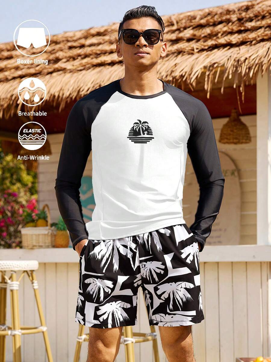 Manfinity KASUA Men's Coconut Tree Print Long Sleeve Top And Shorts Casual Vacation Beach Swimsuit Set, Holiday - Multicolor - View 1