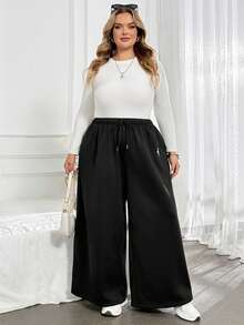 SHEIN CURVE+ 秋冬款黑白條紋休閒百搭抽繩大尺碼長褲，2026 22W - 黑色 - 查看 4