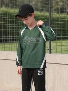 Casuvi Kids Tween Boy Color Block Letter Print Casual Loose Fit Long Sleeve T-Shirt - Green - View 7