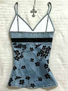 INAWLY Débardeur camisole plissé à imprimé floral et couleurs contrastées pour femmes, idéal pour les vacances et les rendez-vous - Multicolore - Voir 2