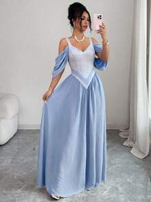 Elenzga Elegant Romantic Exquisite Women's Spaghetti Strap Sexy Off-Shoulder Print A-Line Vacation Dress - Dusty Blue - View 6