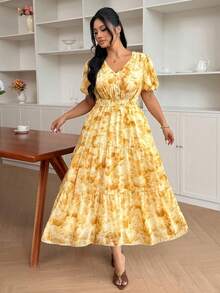 Modelyn Elegant All-Over Print Chiffon V-Neck Long Sleeve Ruched A-Line Maxi Dress, Regular Fit, Spring/Summer, Plus Size - Yellow - View 6