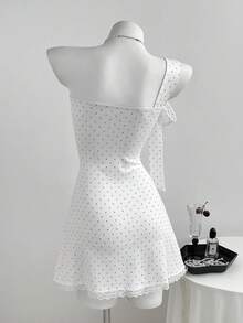Elamini Minimalist Sexy Sweet Style Polka Dot Contrast Lace Trim Off-Shoulder Bow Tie Mini Dress - White - View 2