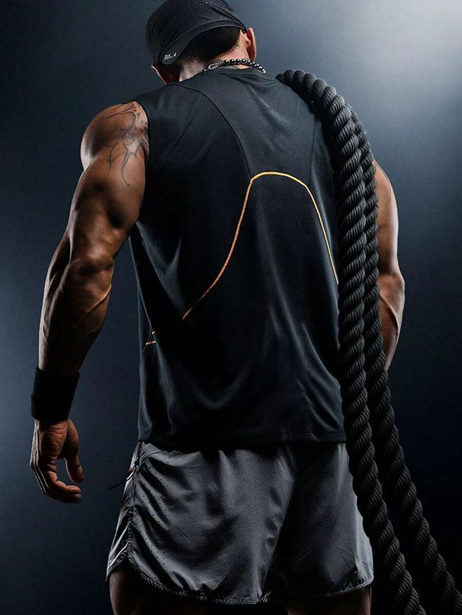 GymBeat 男士圓領休閒百搭日常運動背心,健身房適用 - 黑色 - 查看 1