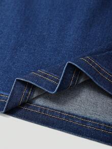 GlowEve Vintage Casual Retro Style Navy Blue Button Pocket Straight Leg High Waist Daily Wear Denim Skirt For Women Back-To-School Everyday School Summer - Blue - View 6