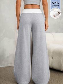 SHEIN PETITE 休閒百搭通勤對比腰帶長褲 - 灰色 - 查看 3
