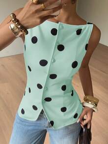 Siren Gaze Vert menthe, chemise gilet élégante à pois à simple boutonnage pour femme, style vintage français, pour brunch, dîner, rendez-vous, fête, été, thé, vacances - Bleu lagon - Voir 6