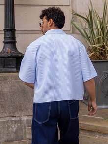 YOUESAWY YOUESAWY Men's Casual Woven Pocket Letter Embroidered Loose Short Sleeve Shirt Daily Essential Wardrobe Staple Basic Style All-Match Style Go-To Piece Mix-And-Match Item Casual Versatile Style  Premium Textured Fabric - Blue and White - View 3