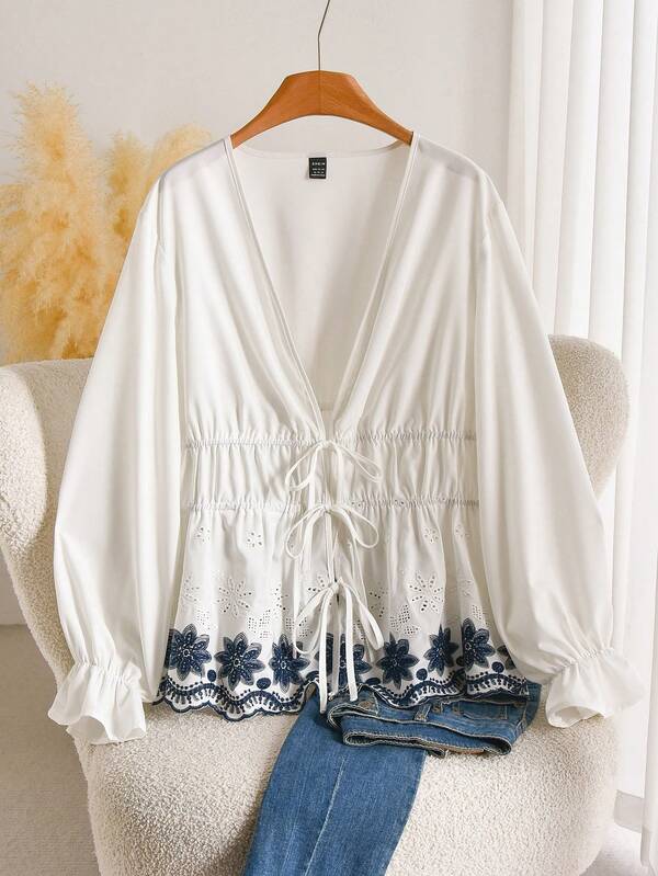 CosyJoli Women's Plus Size Embroidered Hem Fashion Open Front Design Blouse Casual Boho Style Blouse For Women Fall/Winter Casual Daily Going Out Blouse Women