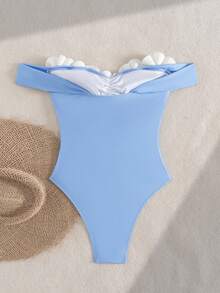 SHEIN Swim 女款度假風針織連身泳衣，3D花朵裝飾與露肩設計，適合派對與海灘 - 彩色 - 查看 2