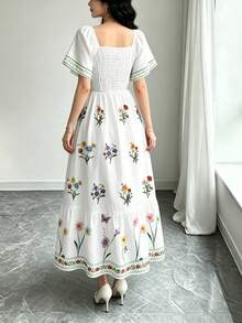 Modelyn 女款優雅花卉植物印花白色洋裝，時尚方領大荷葉袖小蓋袖洋裝，下擺拼接荷葉邊設計，波希米亞風女裝，適合夏季日常與外出穿著 - 彩色 - 查看 2