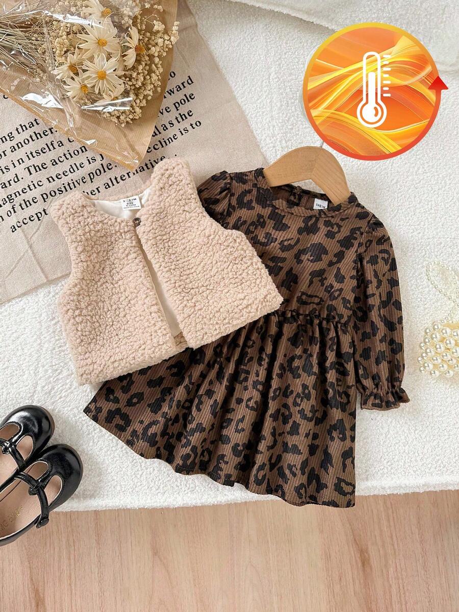 SHEIN Vintaside Kids 2件套幼儿女童田园风蓬松背心外套+灯芯绒泡泡袖连衣裙,可爱休闲日常装,厚实保暖,简约优雅,秋冬 - 鏽棕色 - 查看 1