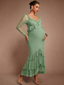 MaterniChic Maternity Solid Color Patchwork Ruffle Long Sleeve Elegant Dress - Green - View 6