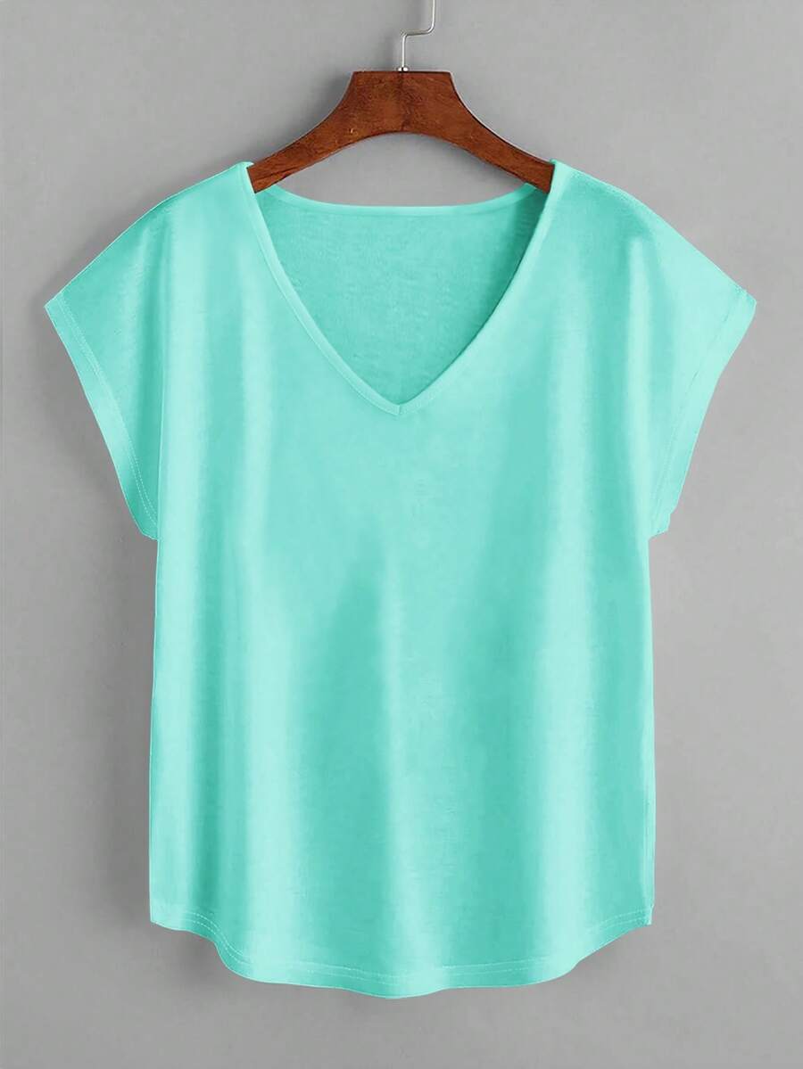 EMERY ROSE Summer Casual Versatile Solid Color Short Sleeve T-Shirt - Blue - View 1