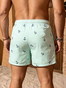 Manfinity KASUA Pantalones cortos de playa de doble capa con cintura con cordón y rayas de ancla para vacaciones de hombres - Verde - Ver 2