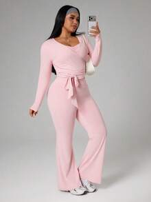 Sweetra CURVE 女士三件套系带长袖上衣、褶皱吊带背心和喇叭裤套装，休闲运动瑜伽服，适合日常穿着，大码尺码 - 粉色 - 查看 6