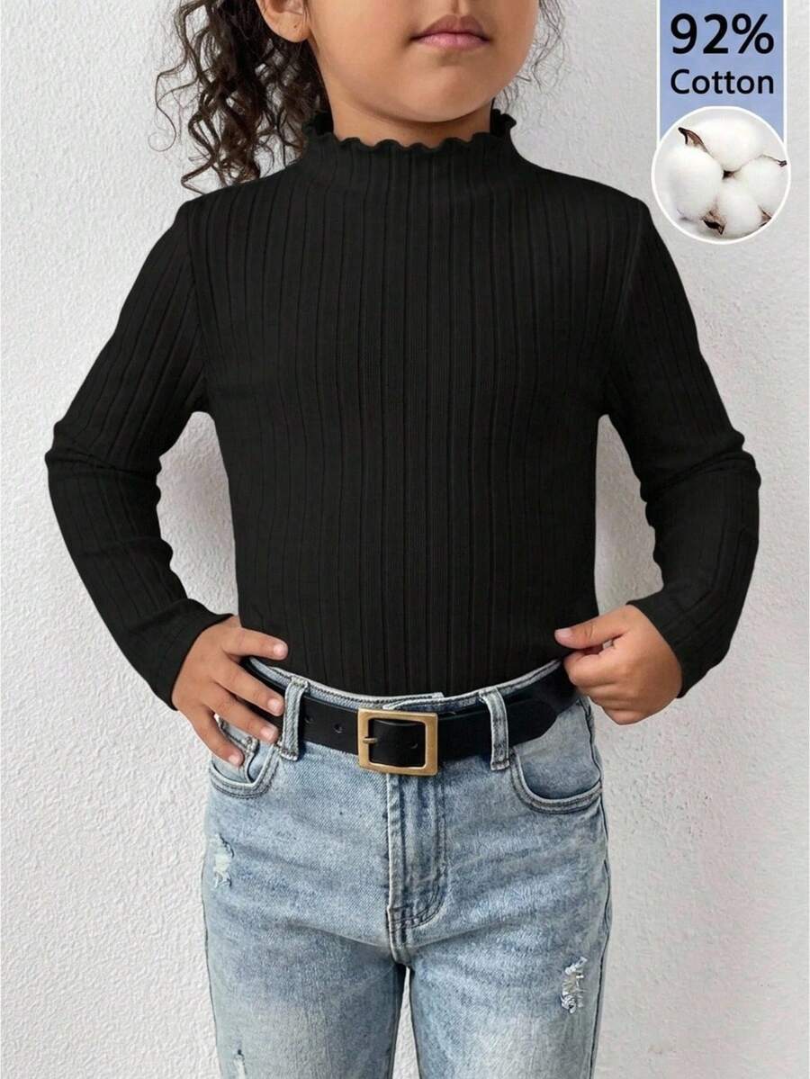 Kids Young Girl Autumn/Winter Solid Black 92% Cotton Ribbed High Neck Knit Tops, Tops Back To School Halloween Autumn Pullover - Black - View 1